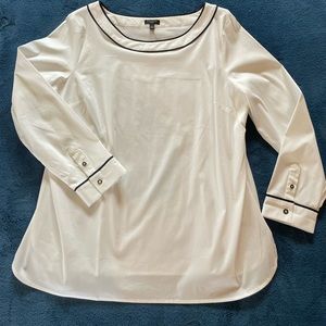 Talbots - PXL NWT. Long sleeved white blouse with black trim at neck and cuffs.